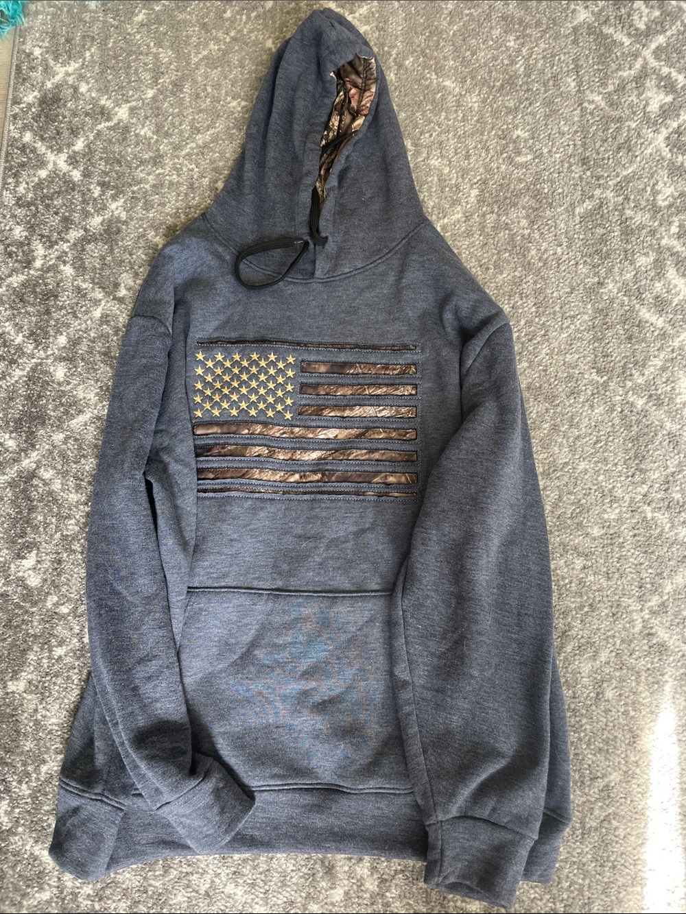 Mossy Oak Navy Blue Hoodie with Camo-Accented American Flag
